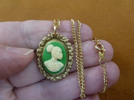 CA30-60 RARE African American LADY green + ivory CAMEO brass Pendant necklace - £19.85 GBP