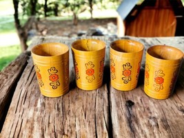 Vintage USSR Wooden Hand Painted Engraved Floral Orange Daisies Cups Set Of Four - £22.06 GBP