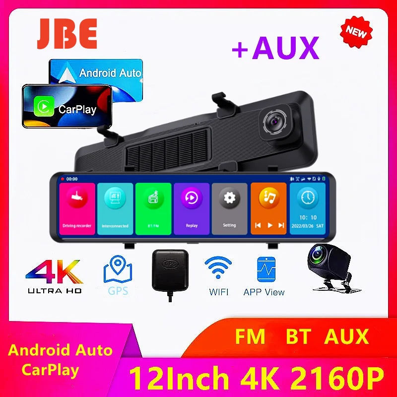 12Inch 4K 2160P Dash Cam Carplay &amp; Android Auto 5G Wifi Rearview Mirror Camera - £109.39 GBP+