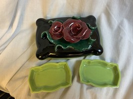 Vintage J Brahams Calif Pottery Green Burgundy 3D Rose Cigarette Box Ashtrays - £18.66 GBP