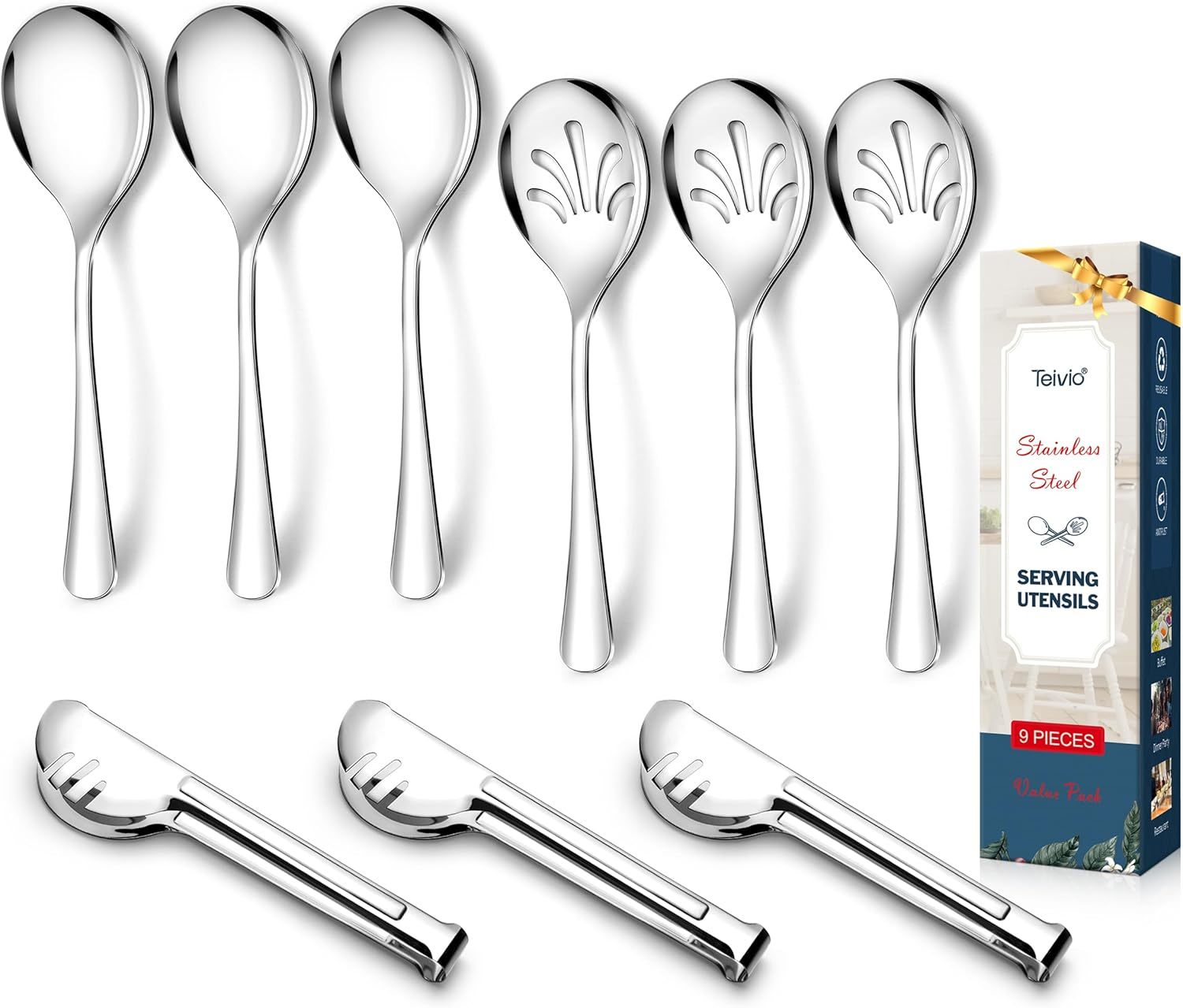 Teivio Stainless Steel Metal Serving Utensils - Large Set Of 9-10&quot;, Silver - $35.93
