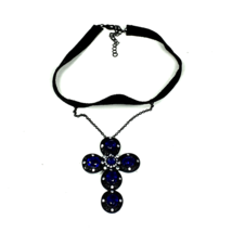 Gothic Cross Black Velvet Blue Clear Rhinestone Choker Necklace - £14.16 GBP