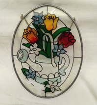Stained Glass Suncatcher Watering Can Roses Floral w/ Chain To Hang  6.75&quot;x6.5&quot; - £11.04 GBP