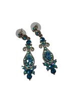 Dangle Earrings Aqua Blue Rhinestones Silver Tone Dressy Sparkle Shimmer Prom - £15.03 GBP