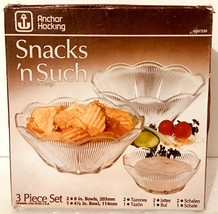 Vtg Anchor Hocking 3 Pc Snack Set 2 8&quot; Bowls  1 4&quot; Bowl Clear Ribbed Glass NOS - £13.40 GBP