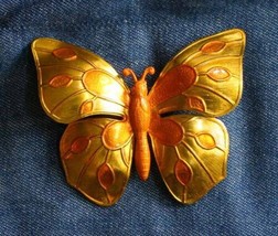 Fabulous Mod Marigold Orange &amp; Yellow Enamel Gold-tone Butterfly Brooch 3&quot; - £14.05 GBP