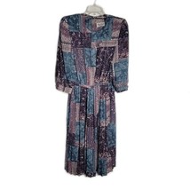 Lady Carol Pleated Tea Dress ~ Sz M ~ Blues Purples ~ Below Knee ~ 3/4 S... - £46.76 GBP
