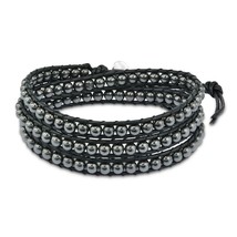 Midnight Charm Hematite Beads Black Leather Bracelet - £22.72 GBP