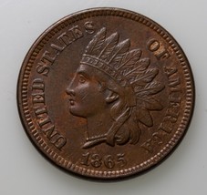 1865 Fancy 5 1C Indian Cent in AU+ Condition, Excellent Eye Appeal, Some Red - £101.67 GBP