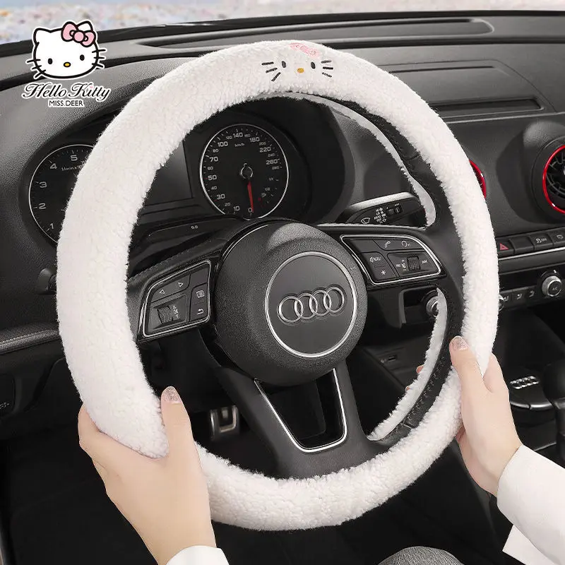 Kawaii Hello Kittys Car Steering Wheel Cover Anime Kt Cat Cartoon Lamb Velvet - £19.64 GBP+