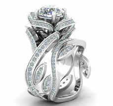 Round Cut 3.40Ct Simulated Diamond Lotus Bridal Ring Set 14K White Gold Size 9 - £239.29 GBP