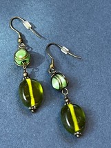 Antique Bronze Wire Wrapped Round Green Moonglow &amp; Oval Plastic Bead Dangle Earr - $9.49