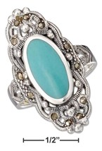 Ring Sterling Silver Oval Bezel Set Simulated Turquoise and Filigree Marcasite - $90.99+