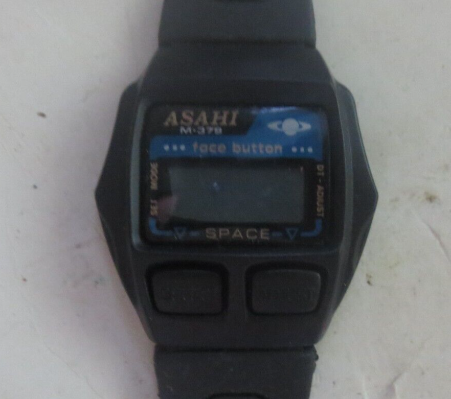 Vintage Asahi M-379 Digital Watch Space Face Button Modern Black Not Tested - $9.49