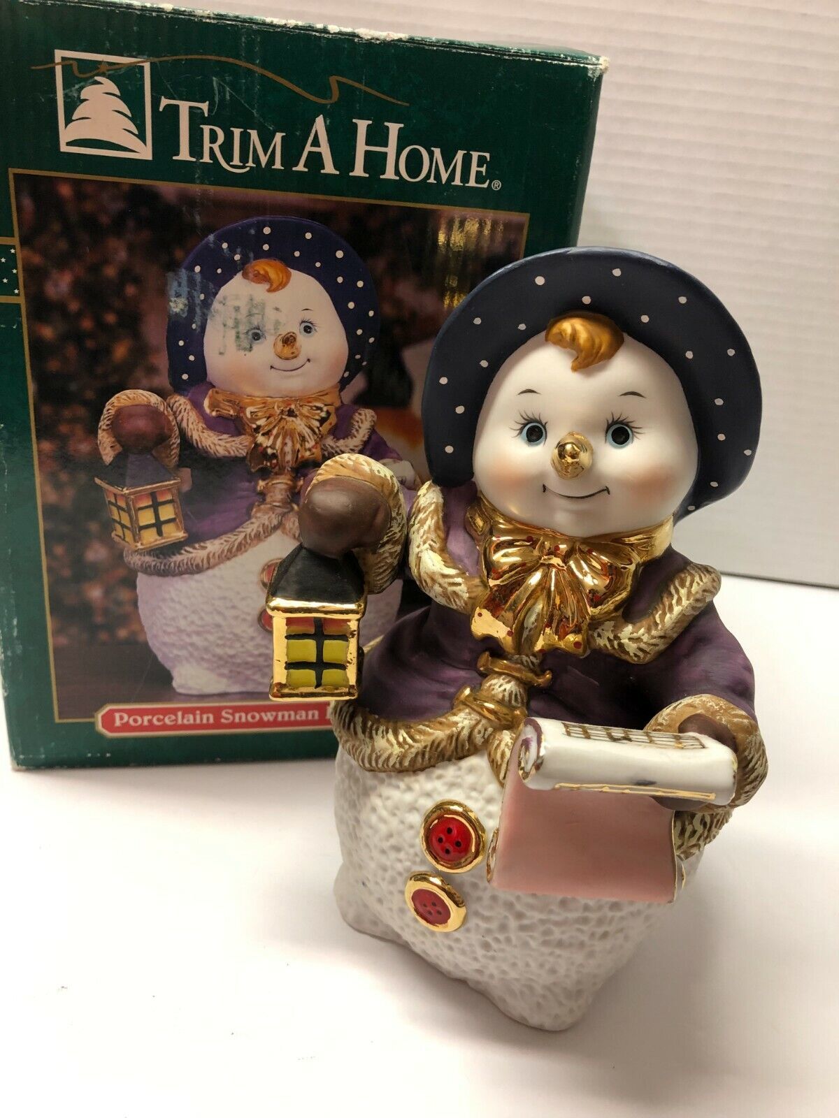 Trim A Home Porcelain Victorian Snowman With Lantern 8&quot; Figurine - $29.70