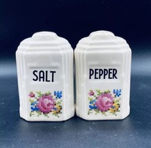 Harker Hot Oven Pottery Salt And Pepper Shaker Pair Cross Stitch Flowers - $15.14