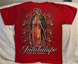 Virgen De Guadalupe Pray For Us Ruega Por Nosotros Rose Flower Red T-SHIRT - $11.27