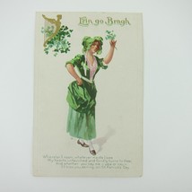 St. Patricks Day Postcard Woman Green Dress Bonnet Clovers Erin Go Bragh Antique - £7.85 GBP