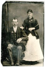 Tintype Photo of Man Seated with Lady Standing with Whte Dress, Black Top 1800s - £7.58 GBP