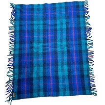 Eddie Bauer Wool Plaid Blanket Throw With Fringe Blue &amp; Green Tartan 40&quot;x50&quot; - £29.53 GBP