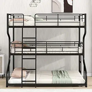 Metal Triple Beds Full XL Over Twin XL Over Queen Size, 3 Bunk Bed Frame with Lo - £663.11 GBP
