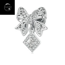 Genuine Sterling Silver 925 Crystal Bow Bead Stopper Charm For Bracelets Sister - £17.62 GBP