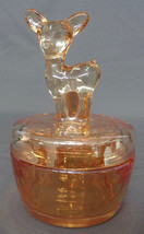 Vintage Deer Lidded Powder Jar by Jeanette Glass Iridescent Marigold Carnival - £14.21 GBP