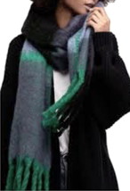 Free People Plaid Fringed Shawl Blue Green Oversized Wrap Fringe Scarf F... - $30.49