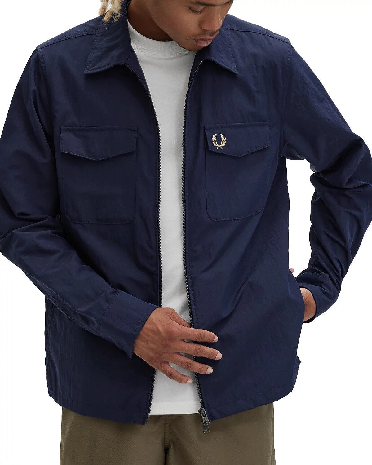Fred Perry Men&#39;s Zip Front Overshirt Dual Flap Snap Pockets Logo Jacket ... - $118.12