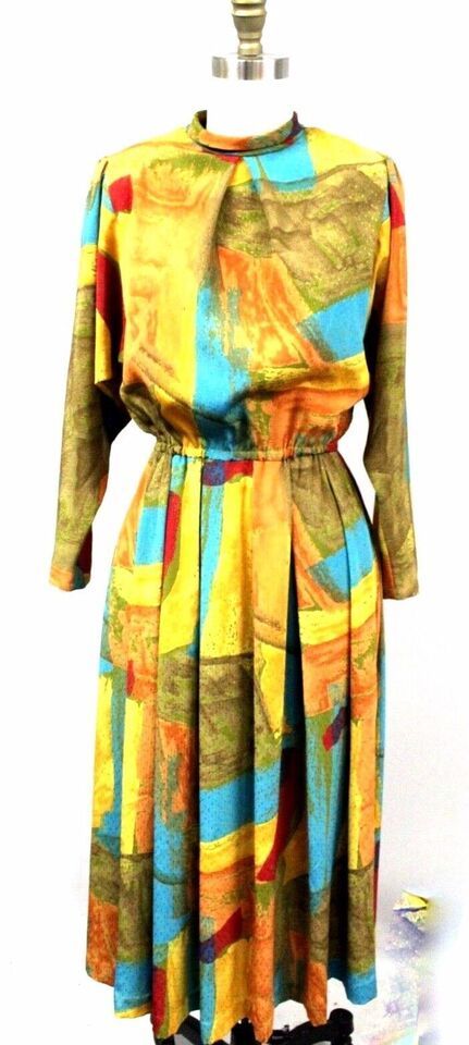 Vintage 80’s Bochiccio Designer Dress Fab Sleeves Colorful Poly Print sz... - $123.85