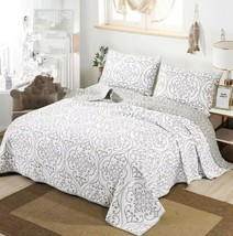 3pc. 100% Cotton White/Gray Quilted Queen Embroidered Bedspread Bed Cover Set - £168.63 GBP