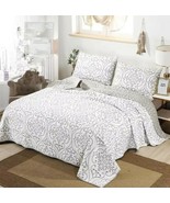 3pc. 100% Cotton White/Gray Quilted Queen Embroidered Bedspread Bed Cove... - £167.33 GBP