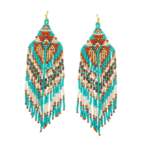 Beaded Aztec Pattern Tassel Drop Earrings Teal Red Gold White Native Handmade - £12.58 GBP