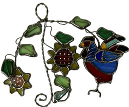 Tiffany Style Rooster &amp; Flowers Stained Glass Window Panel Sun Catcher Hanging - £41.73 GBP