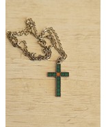 Vintage Necklace Blue Green Aqua Crucifix Cross Textile Design on Chain - $496.60 MXN