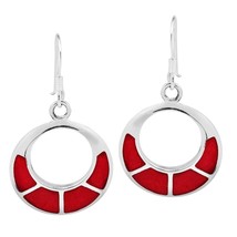 Classy Open Circle Synthetic Coral Inlaid Sterling Silver Dangle Earrings - £18.78 GBP