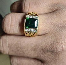 2.40 Ct Emerald Lab Created Emerald &amp; Diamond 14K Yellow Gold Plated Men&#39;s Ring - £128.61 GBP
