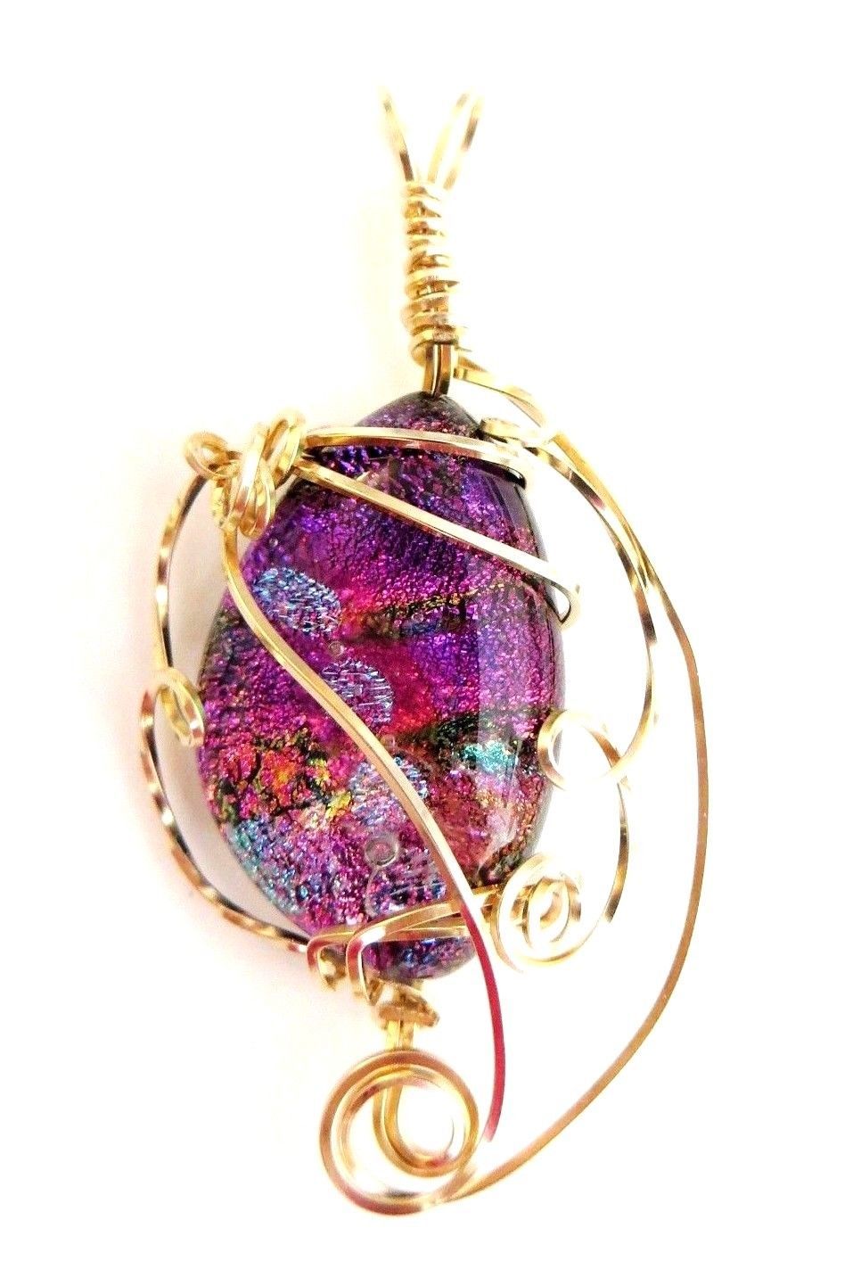 Dichroic Fused Glass wire wrap pendant multi color pink 14 K GF wire - $47.52
