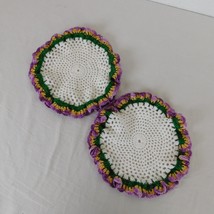 Crocheted Doily Round Purple Gold Green White Ruffled Edges Set of 2 Han... - £11.39 GBP
