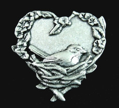 2004 Birds &amp; Blooms Pewter Heart Pin Silvertone Brooch 1 1/4&quot; In Nest, Flowers - £14.75 GBP