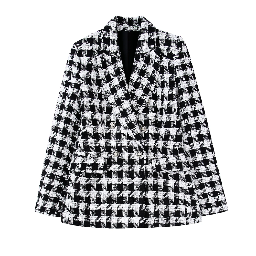  ZA Women Autumn  Office Lady Style Houndstooth Double Breasted Blazers Coat Cas - £163.77 GBP