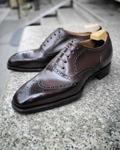 Handmade Men&#39;s Dark Brown Leather Oxford Lace Up Chiseled Toe Dress Formal Shoes - £103.18 GBP+