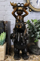 Whimsical Bull Moose Elk Sitting On Black Bear Shoulders W/ Binoculars Figurine - £23.58 GBP