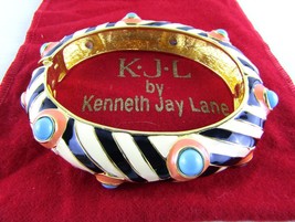 Kenneth Jay Lane, Enamel Zebra Striped Turquoise Cabochons Ribbed Bracelet - $178.22