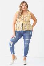 Yellow Plus Size Floral Button up Sleeveless V Neck Flare Hem Top - £9.56 GBP