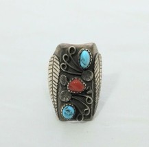 Vintage Native American Large Sterling 925 Nugget Turquoise Coral  Ring Size 11 - £155.04 GBP