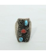 Vintage Native American Large Sterling 925 Nugget Turquoise Coral  Ring ... - £156.68 GBP