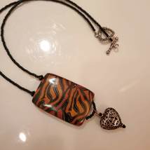 Vintage Necklace with Filagree Silver-tone Heart, Animal Print Block Pendant image 5