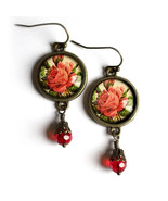 Victorian Tea Rose Dangle Earrings, Nickel-Free Bronze with Wire Hook - $165.35 MXN