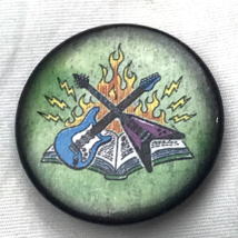 Christian Rock Electric Guitars Bible Flames Vintage Pin Pinback Button - $10.00